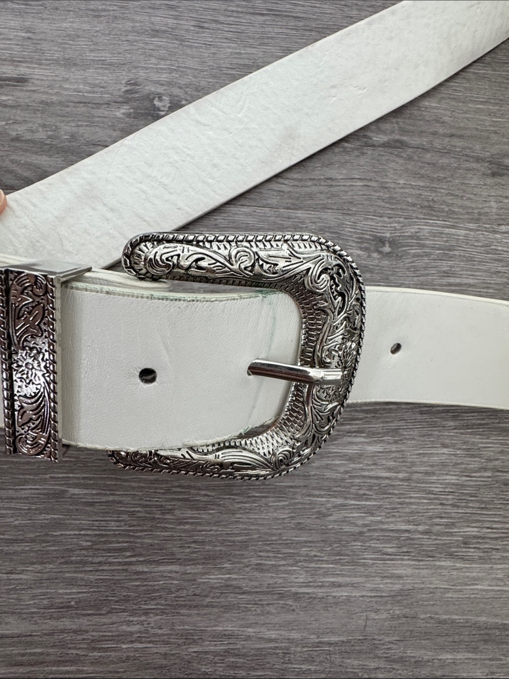 Double Buckle White Western Belt with Engraved Silver Hardware - Picture 3 of 5